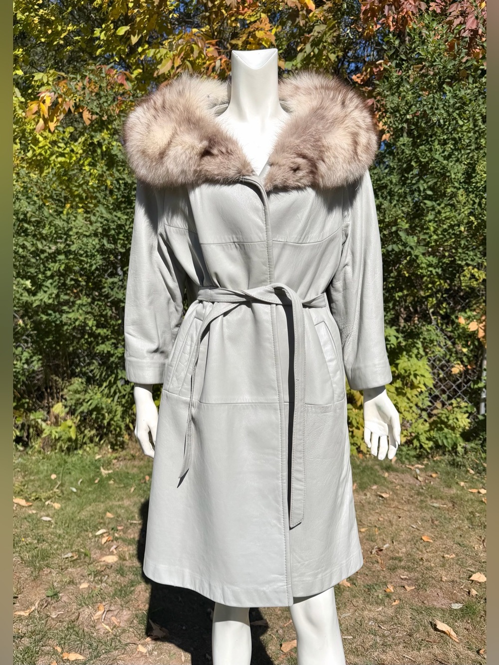 Vintage Gray Leather Fox Fur Collar Women’s Coat Silver Arctic Medium Large 60s